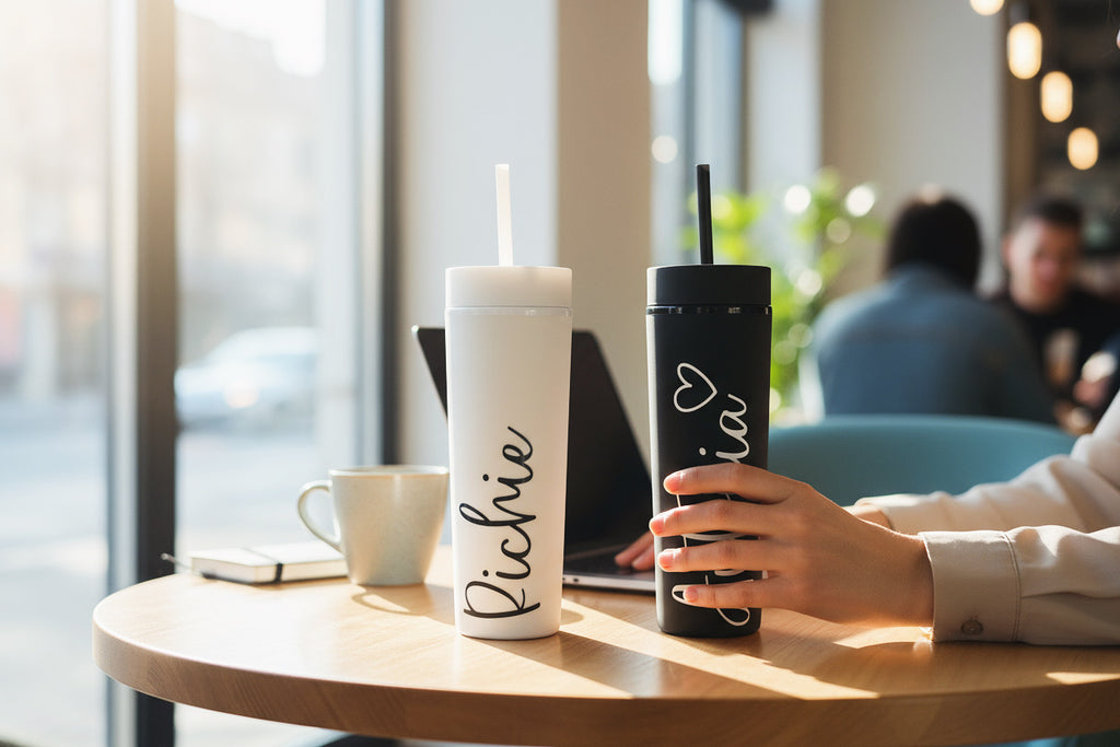 16oz Personalised Tumbler – Black with White Text (His & Hers Options)
