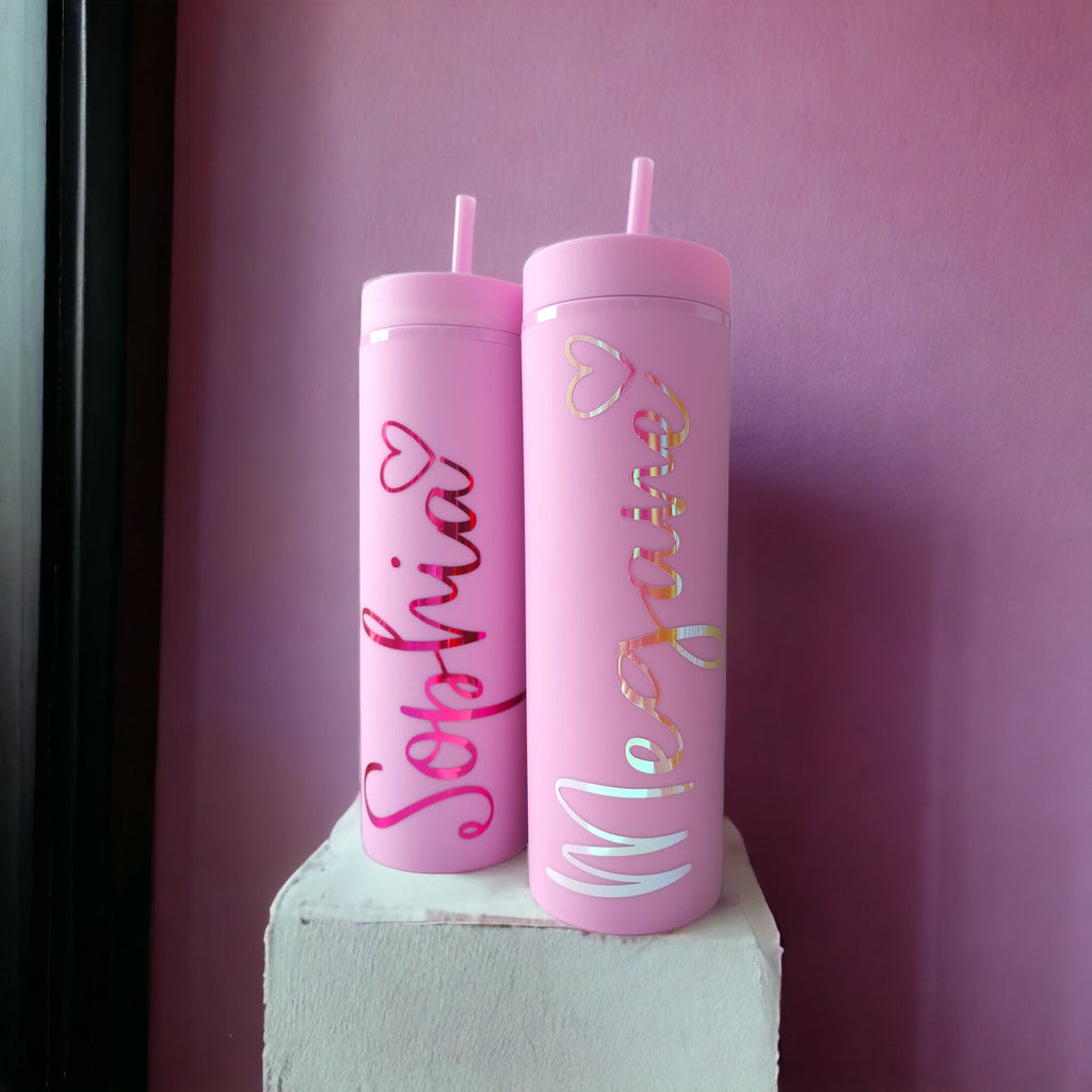16oz Pink Personalised Tumbler – Holographic Vinyl (Dark Pink / Opal)