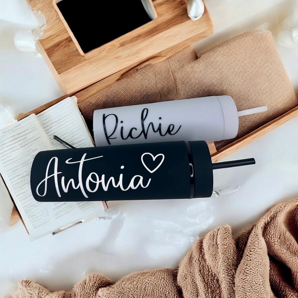 16oz Personalised Tumbler – Black with White Text (His & Hers Options)