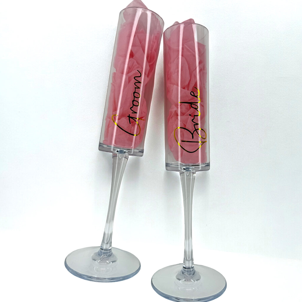 Bride & Groom Personalised Champagne Flutes – Gold Vinyl Wedding Glasses