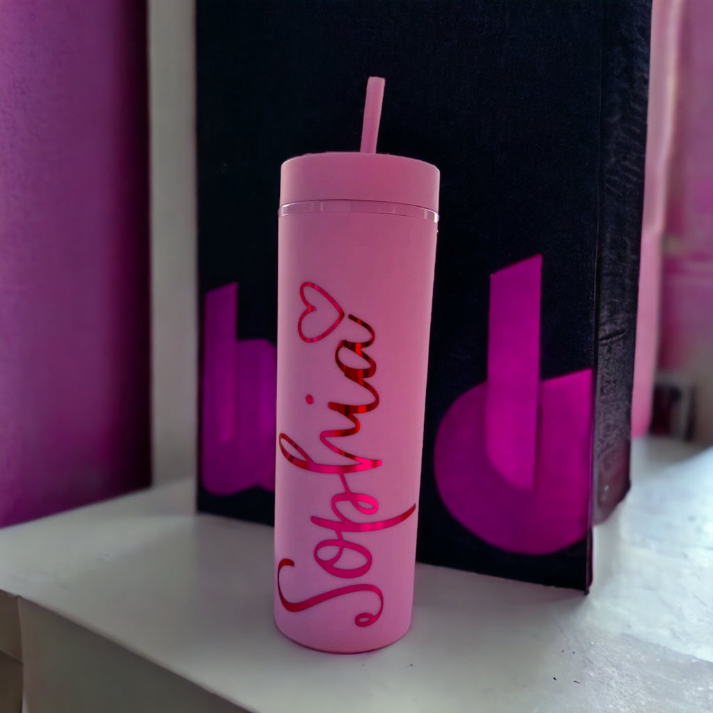 16oz Pink Personalised Tumbler – Holographic Vinyl (Dark Pink / Opal)