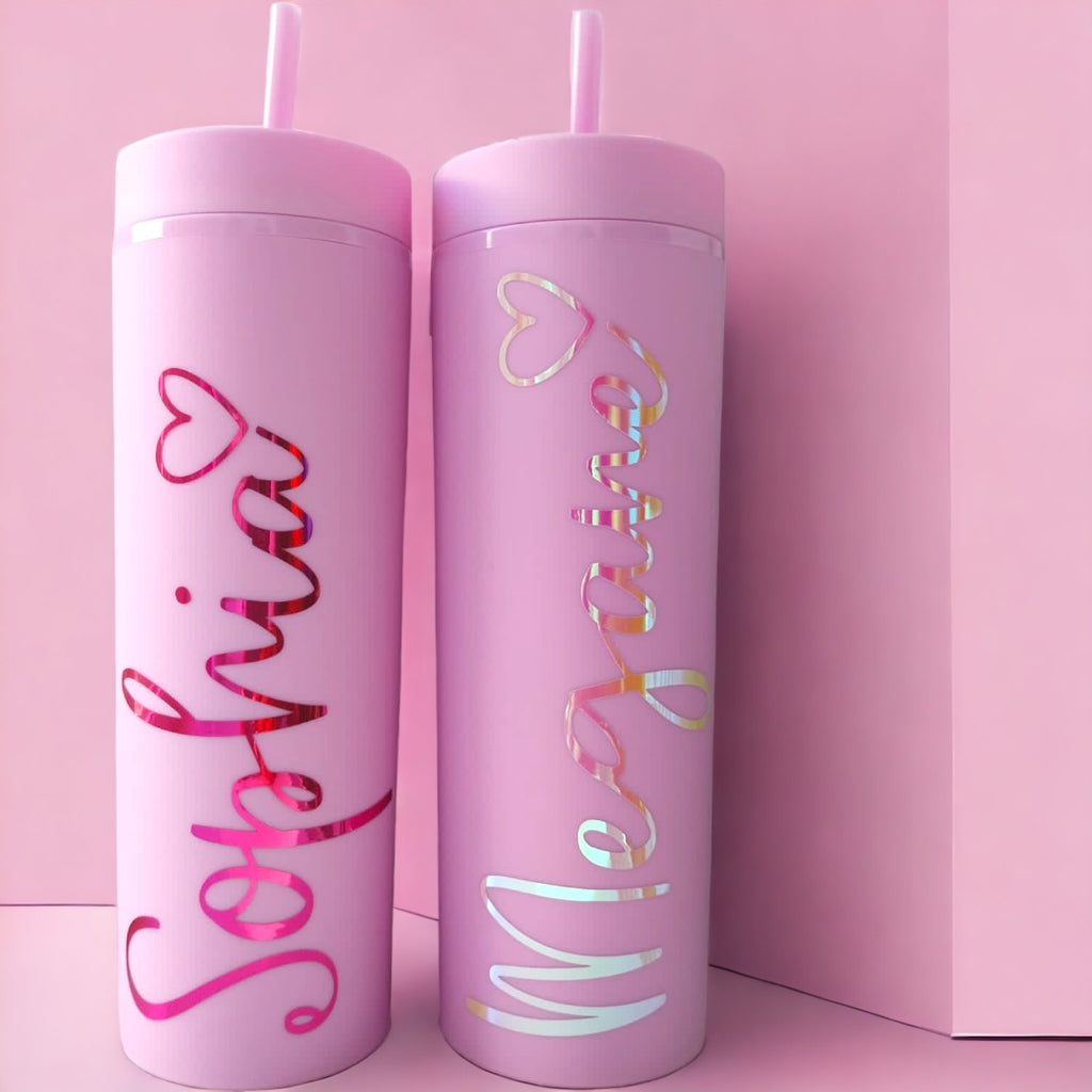 16oz Pink Personalised Tumbler – Holographic Vinyl (Dark Pink / Opal)