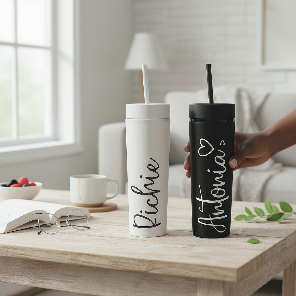 16oz Personalised Tumbler – White with Black Text (His & Hers Options)